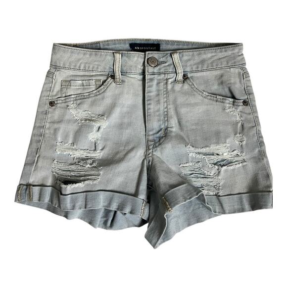 Aeropostale Midi High Waisted Jean Shorts Cotton Neutral Basic Casual Preppy 2 - Picture 1 of 5